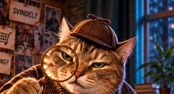 Detektivkatten med Sherlock Holmes-hat og lup følger digitale spor